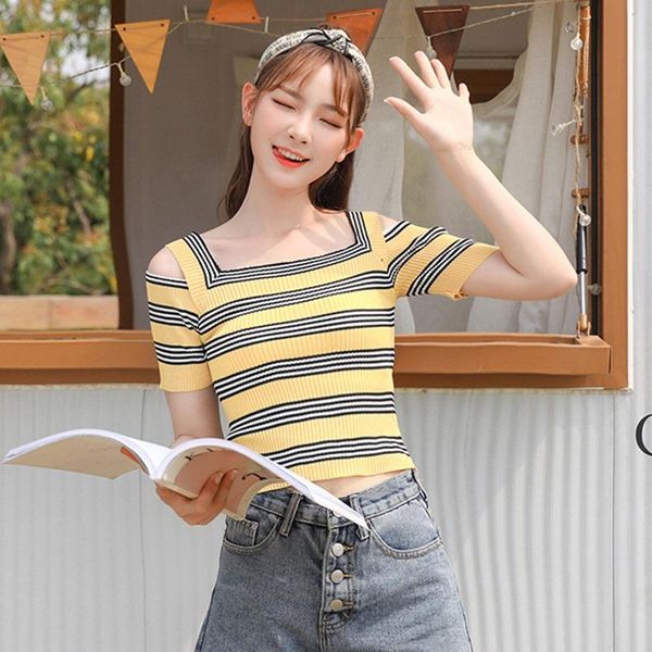 women's t-shirt girls' casual slim cold shoulder knitted fashion striped short sleeve, White