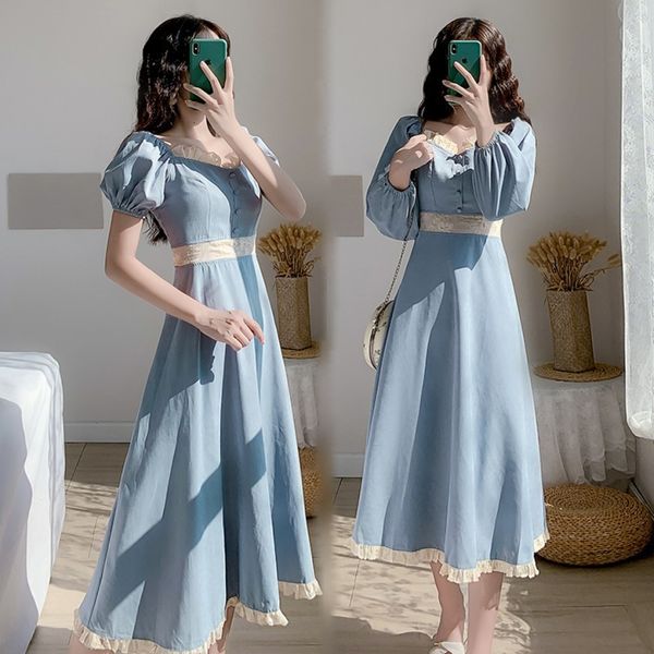 new french feminine style retro-neck blue square salt may sweet dress soft wind super fairy summer 57kv, Black;gray
new french feminine style retro-neck blue square salt may sweet dress soft wind super fairy summer 57kv, Black;gray