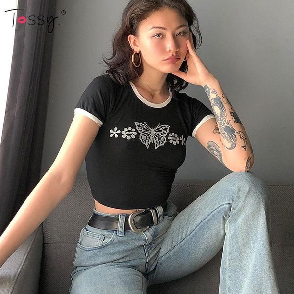 tossy casual y2k butterfly shirt women harajuku printed cropped short sleeve black t-shirt summer streetwear 2021, White 
tossy casual y2k butterfly shirt women harajuku printed cropped short sleeve black t-shirt summer streetwear 2021, White