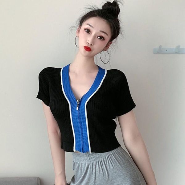 women's t-shirt korean v-neck contrast color casual wild exposed navel short-sleeved sweater 2 colors, White
women's t-shirt korean v-neck contrast color casual wild exposed navel short-sleeved sweater 2 colors, White