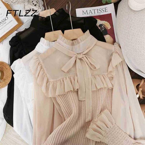 spring autumn chiffon blouse for women long sleeved patchwork knitted sweet bow shirts ladies elegant short 210525, White 
spring autumn chiffon blouse for women long sleeved patchwork knitted sweet bow shirts ladies elegant short 210525, White
