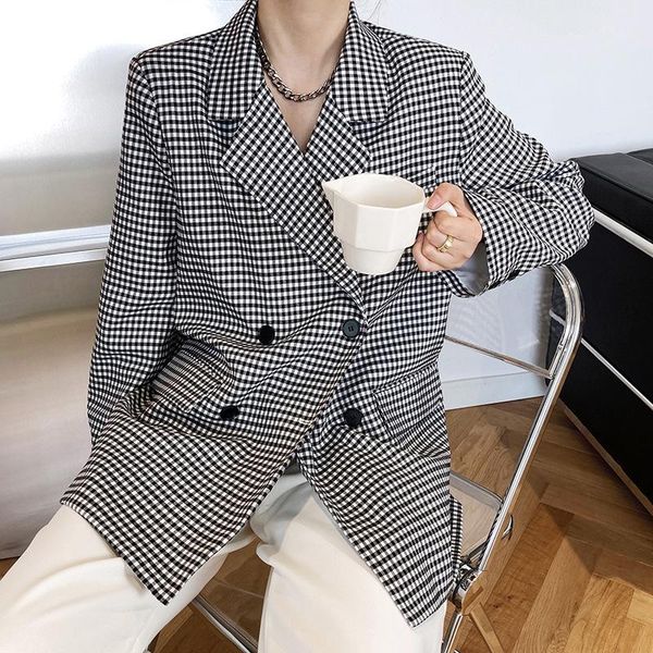 women's suits & blazers retro loose double breasted women plaid jacket 2021 spring summer full sleeve female blazer casual ladies suit, White;black
women's suits & blazers retro loose double breasted women plaid jacket 2021 spring summer full sleeve female blazer casual ladies suit, White;black