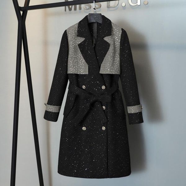 women's wool & blends 2021fw autumn winter women sequined patchwork double breasted long overcoat female chic coat jacket ms 11.01, Black
women's wool & blends 2021fw autumn winter women sequined patchwork double breasted long overcoat female chic coat jacket ms 11.01, Black