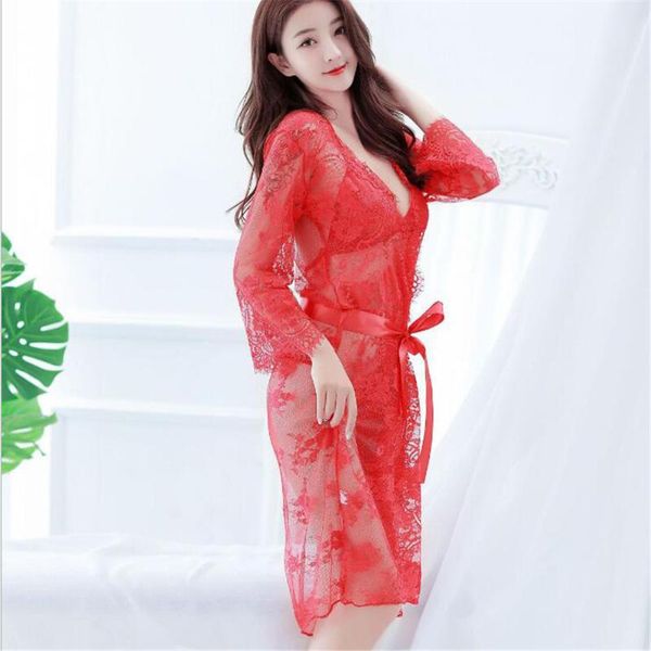 women's sleepwear lace transparent halter cardigan belt bathrobe pajamas suit lingerie robe sets traje conjuntos ensembles night dress, Black;red
women's sleepwear lace transparent halter cardigan belt bathrobe pajamas suit lingerie robe sets traje conjuntos ensembles night dress, Black;red