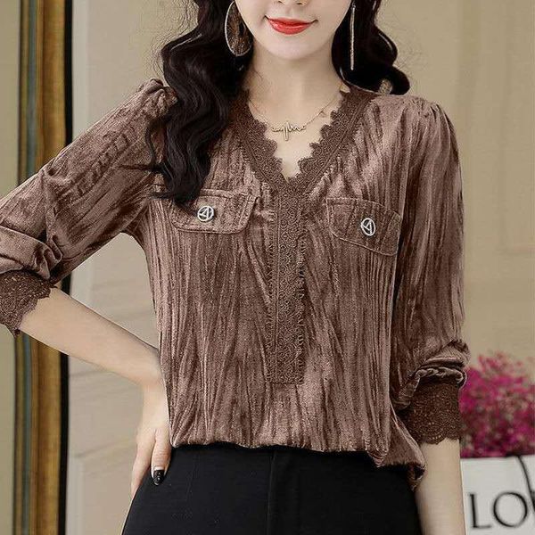 women's blouses & shirts blouse women shirt lace long-sleeved 2021v collar t-shirt blusas mujer de moda, White
women's blouses & shirts blouse women shirt lace long-sleeved 2021v collar t-shirt blusas mujer de moda, White