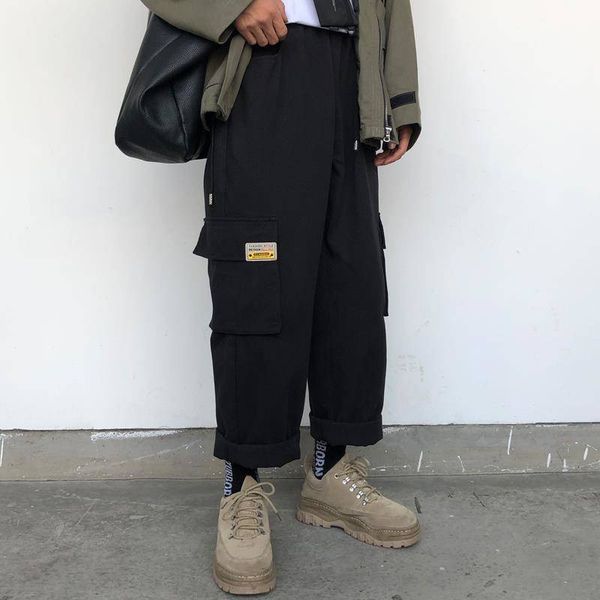 2021 new de carga feminina tornozelo-comprimento hip hop calas macias harajuku estilo coreano das mulheres na moda slido bolsos laterais vp8, Black;white