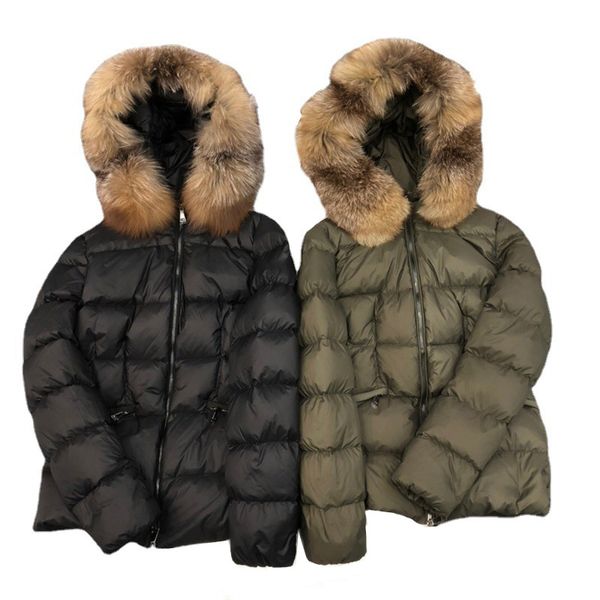 women's short down jacket with waistband brand coat removable genuine fox fur hooded quilted puffy outerwear, Black
women's short down jacket with waistband brand coat removable genuine fox fur hooded quilted puffy outerwear, Black