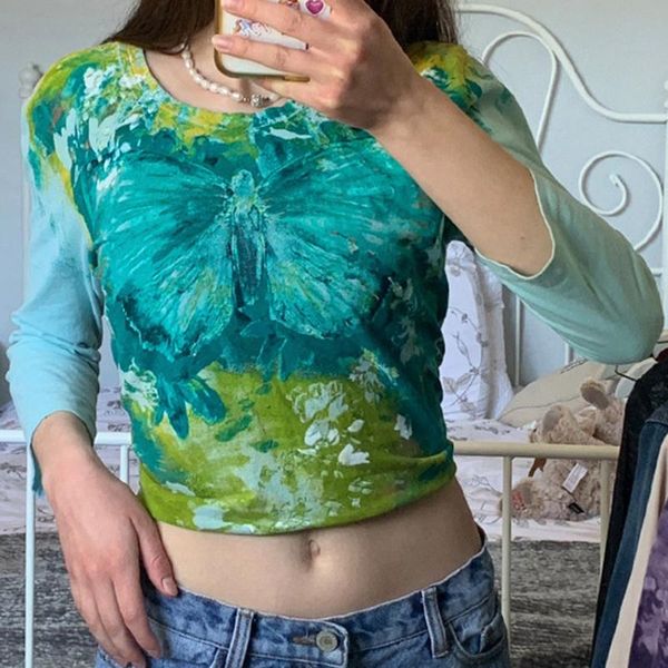 women's t-shirt fashion tie dye women tees y2k crop round neck long sleeve t-shirts femme playeras mujer, White
women's t-shirt fashion tie dye women tees y2k crop round neck long sleeve t-shirts femme playeras mujer, White