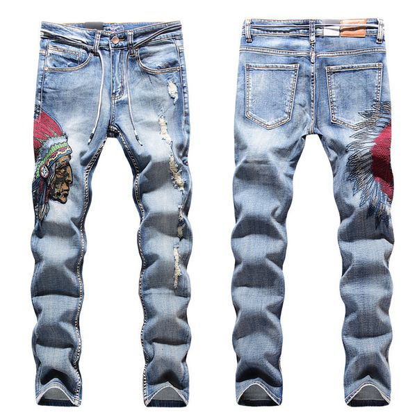 2021 new label men's trendman slim indian embroidery pierced jeans small straight pencil pants 7la9, Blue
2021 new label men's trendman slim indian embroidery pierced jeans small straight pencil pants 7la9, Blue