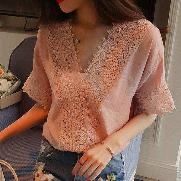 1pc women summer chiffon blouse lace hollow out v-neck short sleeves loose ser88, White 
1pc women summer chiffon blouse lace hollow out v-neck short sleeves loose ser88, White