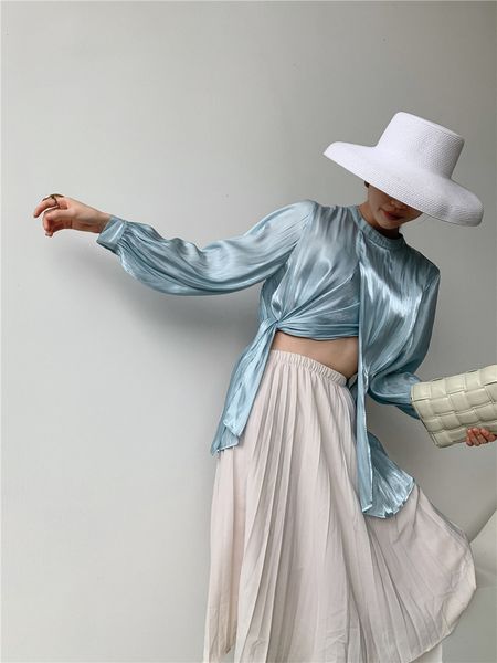 2021 new aqua blue satin long sleeve women ruched asymmetrical ladies blouse glitter korean fashion clothing ny65, White
2021 new aqua blue satin long sleeve women ruched asymmetrical ladies blouse glitter korean fashion clothing ny65, White