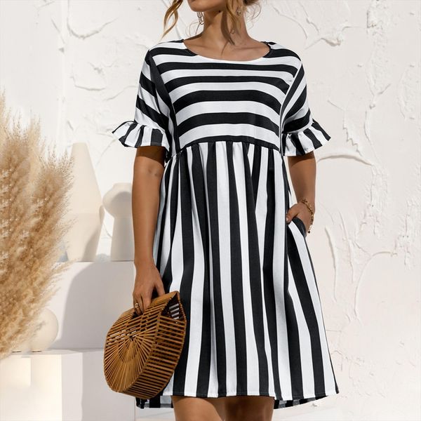 summer striped print women dress round neck ruffle sleeve casual a line beach party dresses vestidos de fiesta, Black;gray
summer striped print women dress round neck ruffle sleeve casual a line beach party dresses vestidos de fiesta, Black;gray