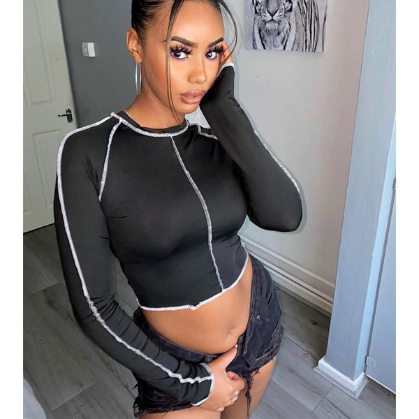women long mouw t-shirt, color block navel around the neck short slender women's t-shirts, White
women long mouw t-shirt, color block navel around the neck short slender women's t-shirts, White