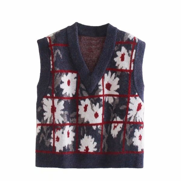 women's knits & tees vintage chic floral print plaid sleeveless sweater women fashion v-neck vest female casual knitwear vose, White
women's knits & tees vintage chic floral print plaid sleeveless sweater women fashion v-neck vest female casual knitwear vose, White