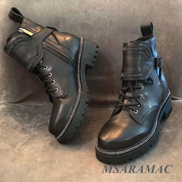 boots 2021 inlaid crystal belt buckle leather ladies round toe short fashion thick-soled lace-up, Black
boots 2021 inlaid crystal belt buckle leather ladies round toe short fashion thick-soled lace-up, Black