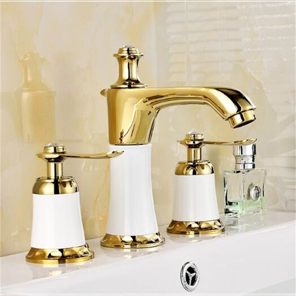 

2021 new 8" spread cold&basin brass white and gold bathroom faucet 2 handles sink mixer tap 3pcs deck mounted pjm4