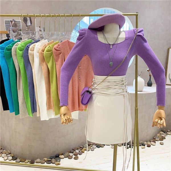women's sweaters square neck puff sleeve slim sweater autumn winter elegant basic pullover jumper ladies streetwear knitwear top, White;black
women's sweaters square neck puff sleeve slim sweater autumn winter elegant basic pullover jumper ladies streetwear knitwear top, White;black