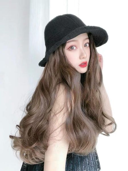 wide brim hats hat wig integrated summer women's long curly hair fashion trend head cover, Blue;gray
wide brim hats hat wig integrated summer women's long curly hair fashion trend head cover, Blue;gray