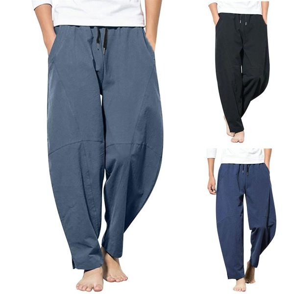 men's pants casual solid color trousers personality with pockets loose cotton linen wide-leg, Black
men's pants casual solid color trousers personality with pockets loose cotton linen wide-leg, Black