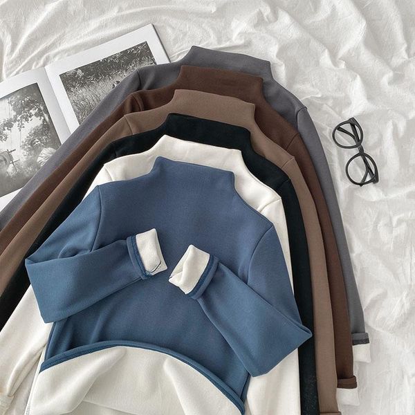 women's t-shirt turtleneck fleeces women t-shirts autumn winter solid blue all match female buttoming pulls, White 
women's t-shirt turtleneck fleeces women t-shirts autumn winter solid blue all match female buttoming pulls, White