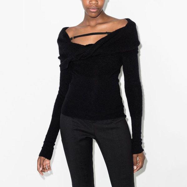 women's sweaters 2021 autumn and winter off-shoulder design sense twisting cloak slim-fit knit sweater fashion all-match slimming top, White;black
women's sweaters 2021 autumn and winter off-shoulder design sense twisting cloak slim-fit knit sweater fashion all-match slimming top, White;black
