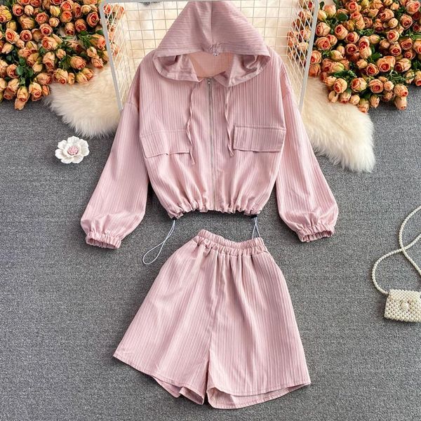 women's tracksuits fashion suit korean short zipper hooded long sleeve casual two piece sets with high waist wide leg shorts women, Gray
women's tracksuits fashion suit korean short zipper hooded long sleeve casual two piece sets with high waist wide leg shorts women, Gray