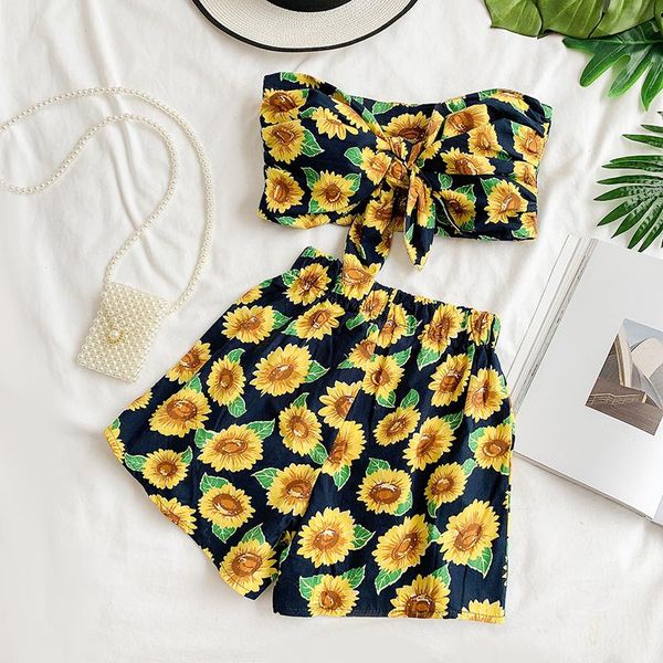 two piece dress fashion suit sun flower knotted short waist open tube + high shorts vacation two-piece women set pants, White
two piece dress fashion suit sun flower knotted short waist open tube + high shorts vacation two-piece women set pants, White