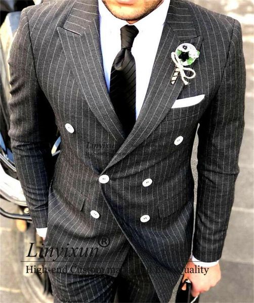 men's suits & blazers grey wool pinstripe men 2 pieces jacket pants set double breasted groom wedding tuxedos formal male blazer terno, White;black
men's suits & blazers grey wool pinstripe men 2 pieces jacket pants set double breasted groom wedding tuxedos formal male blazer terno, White;black