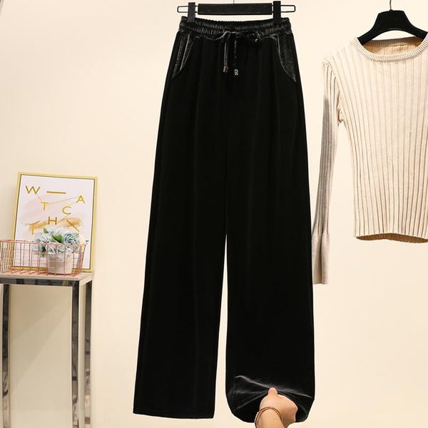 plus size solid color black navy velvet trousers women spring fashion comortable drawstring elastic high waist wide leg pants, Black;white
plus size solid color black navy velvet trousers women spring fashion comortable drawstring elastic high waist wide leg pants, Black;white