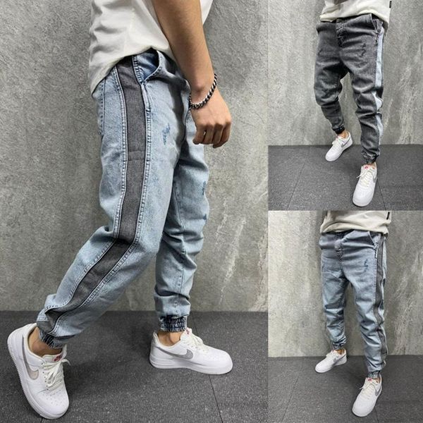 men's jeans 2021 men's color matching elastic and tight feet washed frayed personality loose hip-hop denim trousers, Blue
men's jeans 2021 men's color matching elastic and tight feet washed frayed personality loose hip-hop denim trousers, Blue