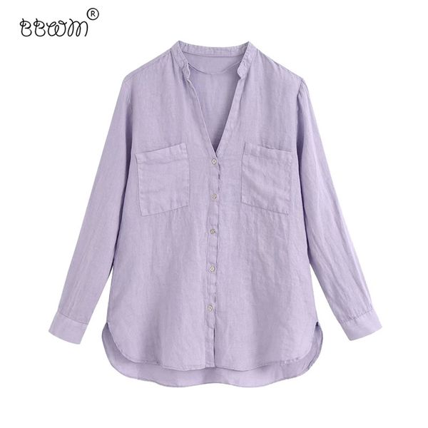 women fashion purple pockets linen blouses vintage female long sleeve buttons shirts casual chic 210531, White 
women fashion purple pockets linen blouses vintage female long sleeve buttons shirts casual chic 210531, White