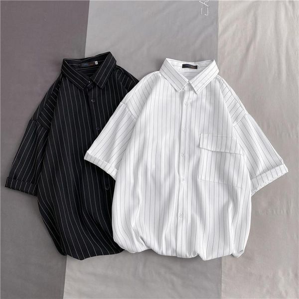 men's casual shirts 2021summer loose vertical stripes short sleeve simplicity cool lapel business attire, White;black
men's casual shirts 2021summer loose vertical stripes short sleeve simplicity cool lapel business attire, White;black