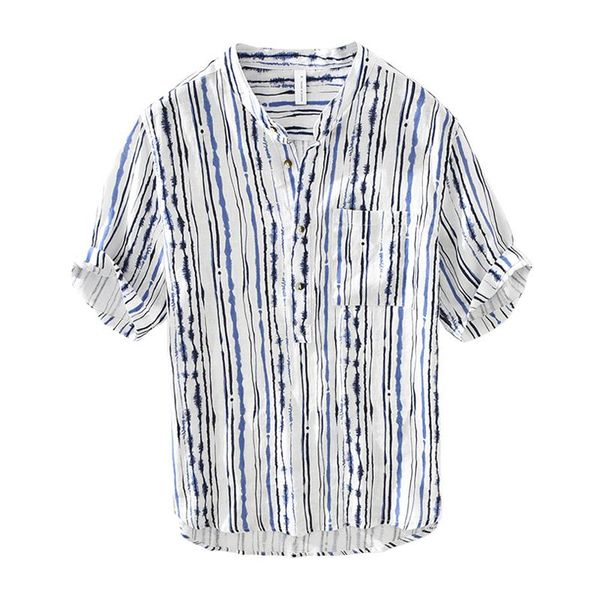 men's casual shirts striped print shirt for men summer pure linen short sleeve thin button up male fashion retro clothes, White;black
men's casual shirts striped print shirt for men summer pure linen short sleeve thin button up male fashion retro clothes, White;black