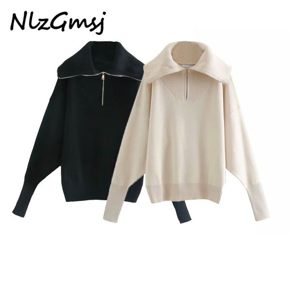 women fashion ribbed trim loose knitted zip-up sweaters vintage high collar long sleeve female pullovers chic 210628, White;black
women fashion ribbed trim loose knitted zip-up sweaters vintage high collar long sleeve female pullovers chic 210628, White;black