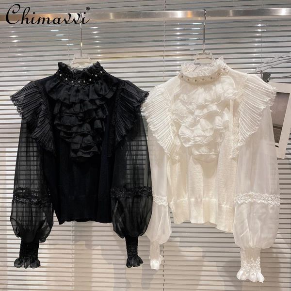 women's blouses & shirts elegant fashion super fairy multi-layer ruffled stand collar rhinestone mesh puff sleeves knitted shirt for wo, White
women's blouses & shirts elegant fashion super fairy multi-layer ruffled stand collar rhinestone mesh puff sleeves knitted shirt for wo, White