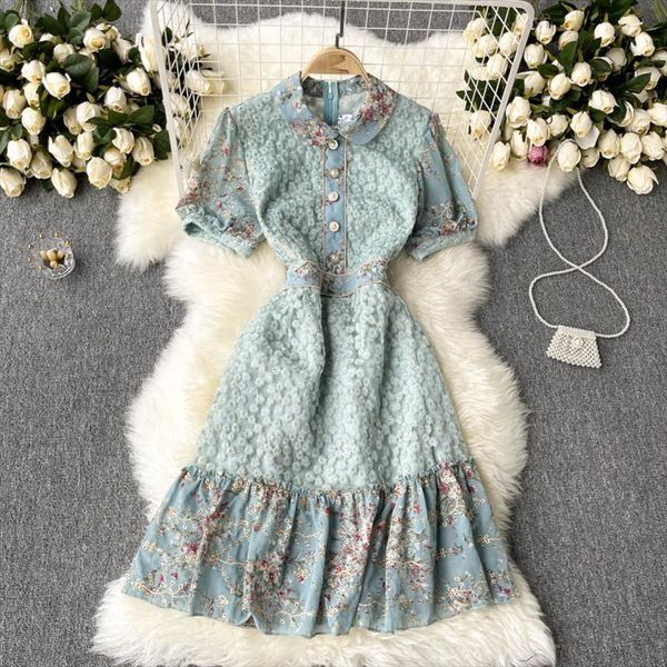 summer french sweet girls womens dresses peter pan collar puff sleeve flower embroidered mesh patchowrk printed chiffon ruffles, Black;gray
summer french sweet girls womens dresses peter pan collar puff sleeve flower embroidered mesh patchowrk printed chiffon ruffles, Black;gray