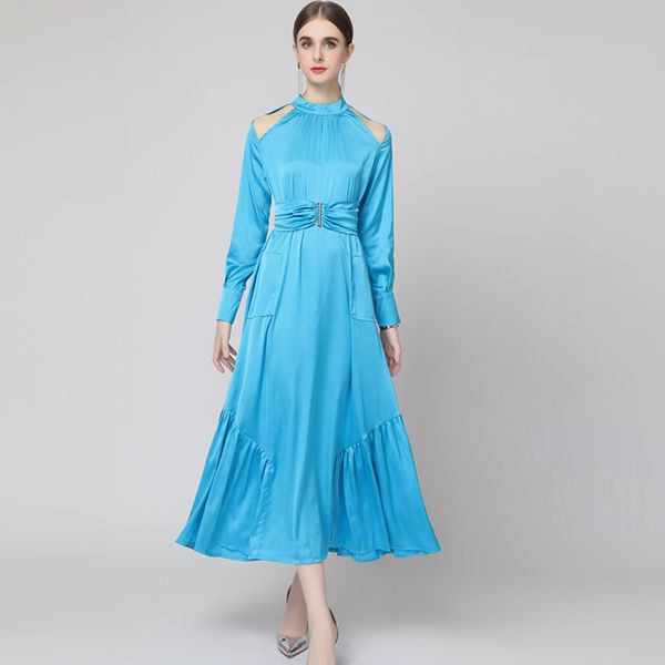 women's runway dresses o neck long sleeves off the shoulder ruffles fashion mid dress vestidos, Black
women's runway dresses o neck long sleeves off the shoulder ruffles fashion mid dress vestidos, Black