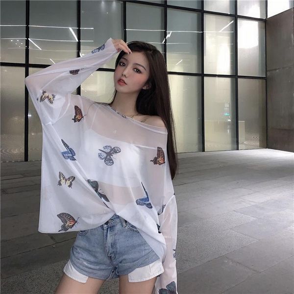 women's t-shirt sunscreen summer t-shirts thin student loose long butterfly screen red off shoulder chiffon lady clothes p3 120, White
women's t-shirt sunscreen summer t-shirts thin student loose long butterfly screen red off shoulder chiffon lady clothes p3 120, White