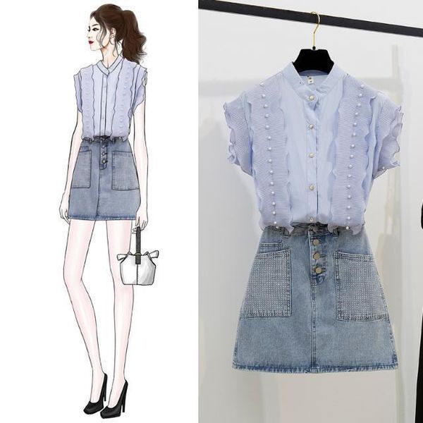 2021 new women summer 2 pieces suits female pearls beaded chiffon blouse shirt +high waist denim a-line skirt 2pcs casual set g2581nqt, Black;gray
2021 new women summer 2 pieces suits female pearls beaded chiffon blouse shirt +high waist denim a-line skirt 2pcs casual set g2581nqt, Black;gray