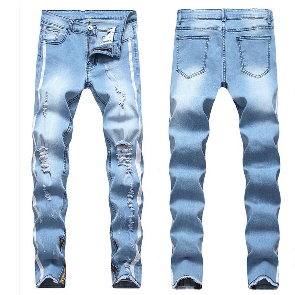 men's jeans man slim fit knee holes hip hop skinny fashion side white stripe distressed ripped stretch streetwear denim trousers in sto, Blue
men's jeans man slim fit knee holes hip hop skinny fashion side white stripe distressed ripped stretch streetwear denim trousers in sto, Blue