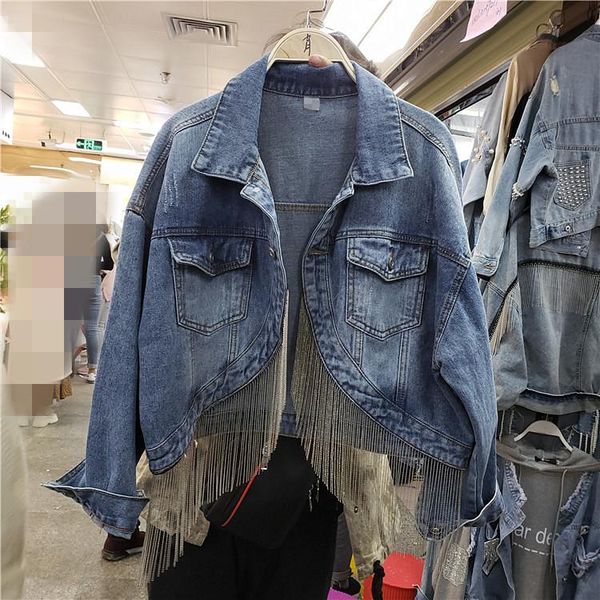 women's jackets spring autumn fringed chain jeans jacket short women korean loose cowboy coat girl students streetwear overcoat, Black;brown
women's jackets spring autumn fringed chain jeans jacket short women korean loose cowboy coat girl students streetwear overcoat, Black;brown