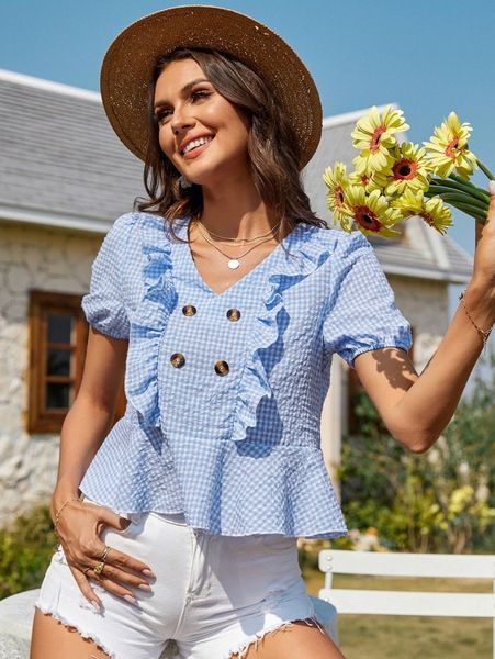 gingham ruffle trim puff sleeve peplum blouse 39wf#, White
gingham ruffle trim puff sleeve peplum blouse 39wf#, White
