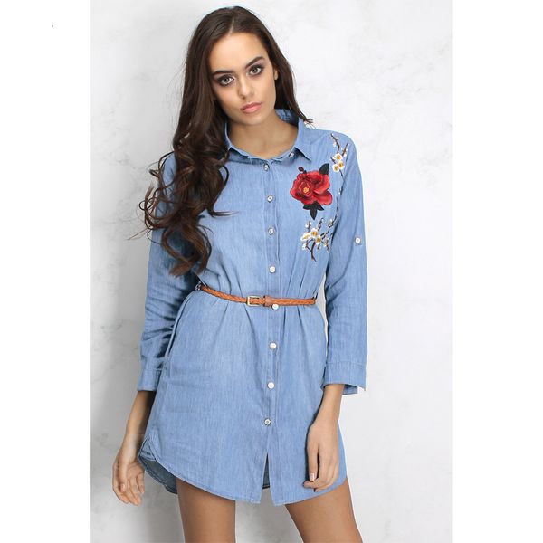 women denim blue shirt dresses rose embroidery design casual dress single breasted turn-down collar with belt, Black;gray
women denim blue shirt dresses rose embroidery design casual dress single breasted turn-down collar with belt, Black;gray