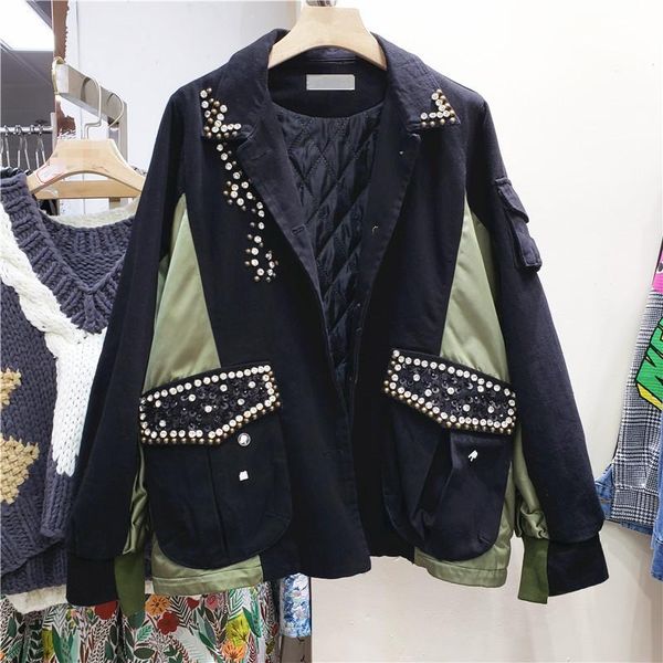 women's jackets autumn 2021 fashion rivet beaded female black parkas casual patchwork contrast single-breasted long sleeve women cotton, Black;brown
women's jackets autumn 2021 fashion rivet beaded female black parkas casual patchwork contrast single-breasted long sleeve women cotton, Black;brown