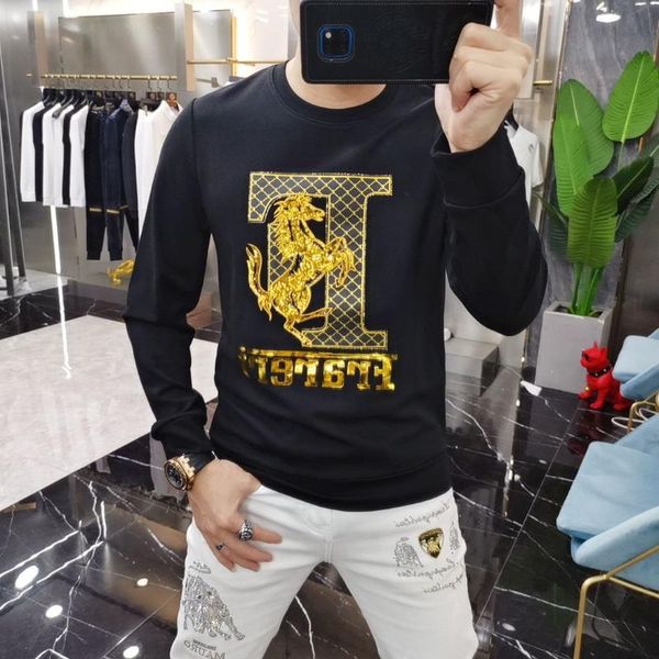 men's t-shirts 2021 autumn horse sequin embroidered vest fashion letter print crewneck long sleeve slim backing shirt, White;black
men's t-shirts 2021 autumn horse sequin embroidered vest fashion letter print crewneck long sleeve slim backing shirt, White;black