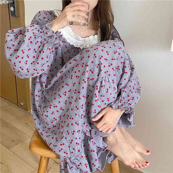 women's sleepwear cotton gauze nightgown femme cherry print sleepshirts autumn ruffle long sleeve sleep dress casual elegant lace, Black;red
women's sleepwear cotton gauze nightgown femme cherry print sleepshirts autumn ruffle long sleeve sleep dress casual elegant lace, Black;red