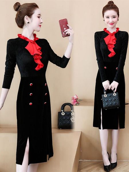 plus size ladies velvet autumn winter dress sylish ruffles double breasted office elegant female slim waist midi work dresses, Black;gray
plus size ladies velvet autumn winter dress sylish ruffles double breasted office elegant female slim waist midi work dresses, Black;gray