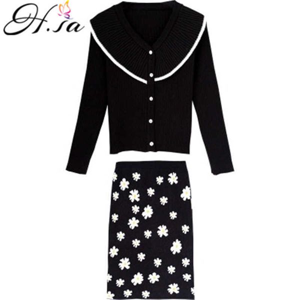 h.sa autumn winter women sweater and cardigans black floral 2 pieces sweater suit floral knee length skirt winter sweater 210716, White;black
h.sa autumn winter women sweater and cardigans black floral 2 pieces sweater suit floral knee length skirt winter sweater 210716, White;black