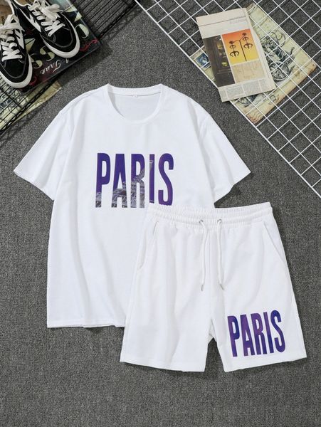 men letter and iron tower print tee & grommet drawstring waist shorts v19d#, Gray 
men letter and iron tower print tee & grommet drawstring waist shorts v19d#, Gray