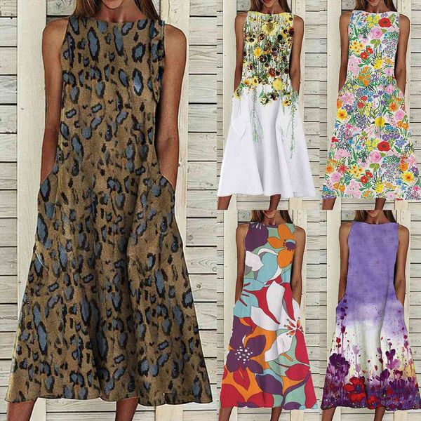 summer bohemian print beach holiday women dresses round neck big swing pocket maxi long sundress vestidos, Black;gray